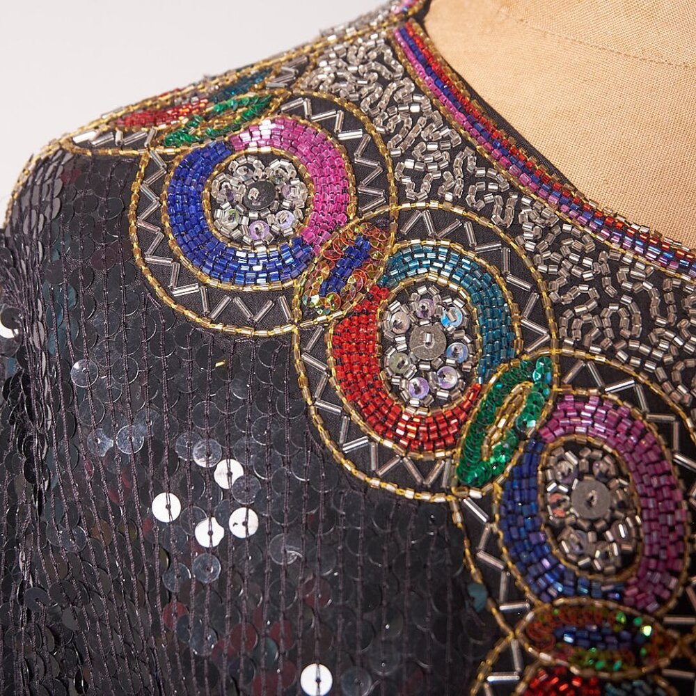 1990s Silk Sequin and Beaded Black Jacket